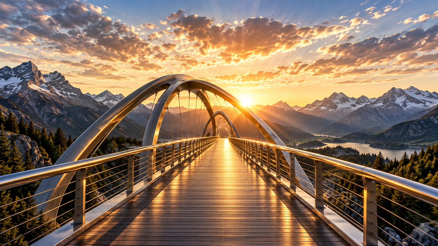 Eine moderne Brücke führt durch eine Berglandschaft dem Licht entgegen